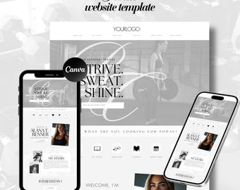 May include: A black and white website template for a fitness personal trainer. The website features a photo of a woman lifting weights, the text "Strive. Sweat. Shine." and a call to action to book an appointment. The website also includes a section for the trainer's story and services.