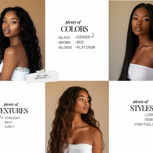 May include: A collage of four images showing different hair colors and styles. The text "plenty of COLORS" is displayed with the following hair colors: black, ginger, brown, red, blonde, and platinum. The text "plenty of TEXTURES" is displayed with the following hair textures: straight, wavy, and curly. The text "plenty of STYLES" is displayed with the following hair styles: long, bobs, and ponytails.