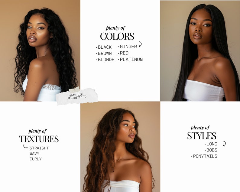 May include: A collage of four images showing different hair colors and styles. The text "plenty of COLORS" is displayed with the following hair colors: black, ginger, brown, red, blonde, and platinum. The text "plenty of TEXTURES" is displayed with the following hair textures: straight, wavy, and curly. The text "plenty of STYLES" is displayed with the following hair styles: long, bobs, and ponytails.
