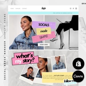 Pode incluir: Um design de site com um cabeçalho azul claro e o texto "FRETE GRÁTIS EM PEDIDOS ACIMA DE $50". O design inclui o texto "SOCIALS made SIMPLE" e "what's my story?" com imagens de uma mulher. O logotipo é "logo".