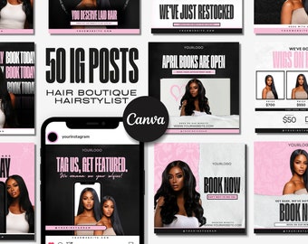 50 Hair Templates | Hair Business Branding | Canva Editable | Luxury Hairstylist Instagram Posts | Beauty Makeup Wig Brand