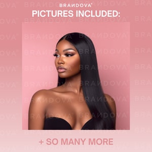 May include: A close-up of a woman with long, straight black hair. She is wearing a black bra and has a neutral expression on her face. The background is a solid pink color. The text "PICTURES INCLUDED:" is at the top of the image, and the text "+ SO MANY MORE" is at the bottom of the image.