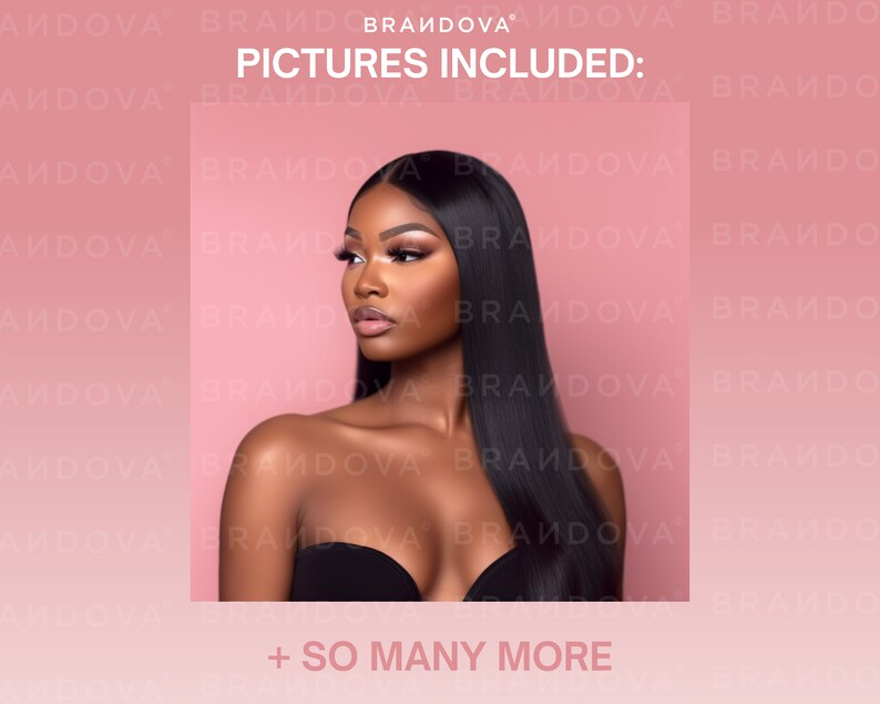May include: A close-up of a woman with long, straight black hair. She is wearing a black bra and has a neutral expression on her face. The background is a solid pink color. The text "PICTURES INCLUDED:" is at the top of the image, and the text "+ SO MANY MORE" is at the bottom of the image.