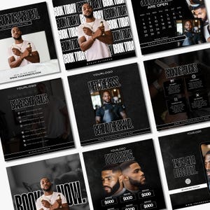 Può includere: Un design grafico in bianco e nero per un barbiere con il testo "BOOK NOW!" e "MEET THE BOSS. BEHIND THE BRAND." La grafica include anche un calendario, un listino prezzi e un elenco delle regole del barbiere.