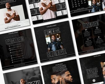 Puede incluir: Un diseño gráfico en blanco y negro para una barbería con el texto "BOOK NOW!" y "MEET THE BOSS. BEHIND THE BRAND." El gráfico también incluye un calendario, una lista de precios y una lista de reglas de la barbería.