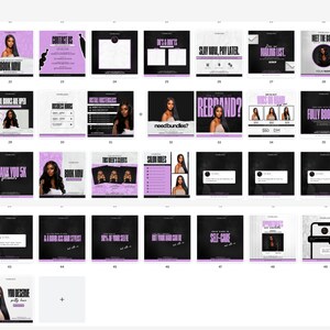 May include: A collection of social media graphics for a hair salon business. The graphics feature images of women with long, black hair, and text that includes phrases like "Book Now", "Fully Booked", "Need Bundles?", "Rebrand?", and "Self-Care".