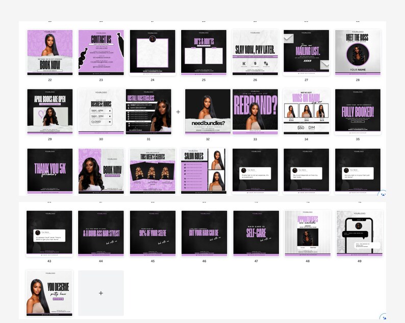 May include: A collection of social media graphics for a hair salon business. The graphics feature images of women with long, black hair, and text that includes phrases like "Book Now", "Fully Booked", "Need Bundles?", "Rebrand?", and "Self-Care".