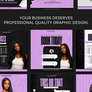 May include: A set of three social media graphics for a hair salon. The first graphic features a price list for hair bundles, lace wigs, frontals, and closures. The second graphic features a phone with a booking app and the text "We have openings, book today". The third graphic features a "This or That" hair color edition.