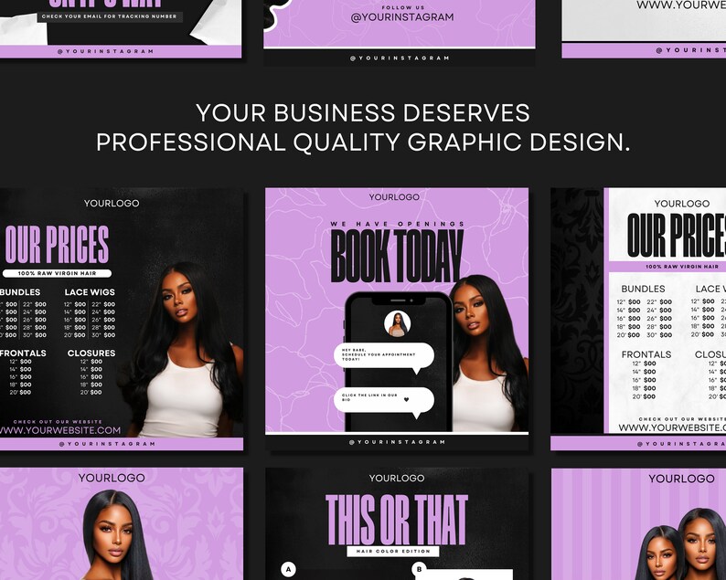 May include: A set of three social media graphics for a hair salon. The first graphic features a price list for hair bundles, lace wigs, frontals, and closures. The second graphic features a phone with a booking app and the text "We have openings, book today". The third graphic features a "This or That" hair color edition.