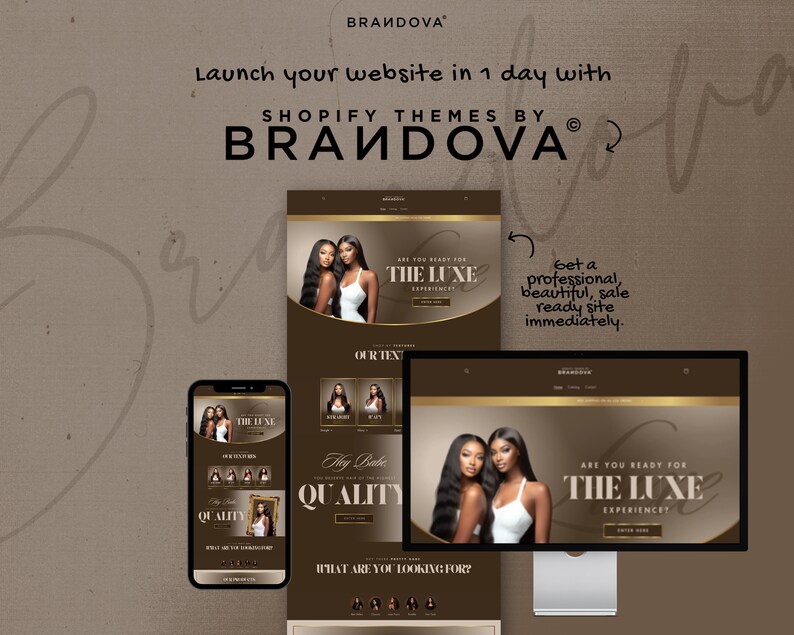 Puede incluir: Una maqueta de sitio web que muestra un tema de Shopify para un negocio de extensiones de cabello. El tema presenta un esquema de color dorado y negro con un enfoque en extensiones de cabello de alta calidad. El texto "&iquest;Est&aacute;s listo para The Luxe Experience?" se muestra en el sitio web.