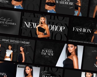 May include: A collage of images promoting a clothing brand. The images feature models wearing various black clothing items. The text on the images includes "New Drop", "Elevate Your Wardrobe", "Back to Basics", "40% Off Whole Sitewide", and "Experience the Best of Fashion".