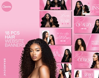 DIY Pink Hair Website Banner Kit | Shopify Hair Extensions | Wig Boutique Store Design| Website Design Templates Set | Canva | Retail Store
