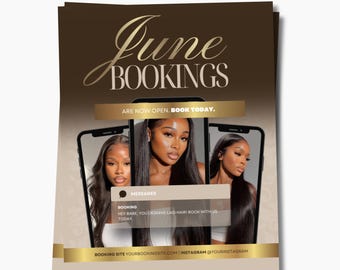 June Hair Booking Flyers, Booking Flyers Hairstylist, Summer Brown, Beige, Gold IG Posts, Book Now, Summertime, Luxury Content