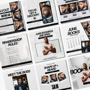 May include: A set of promotional flyers for a barbershop, showcasing images of haircuts and bearded men. The flyers include text such as "Shape Up + Beard," "June Bookings Are Open," and "Tag Us, Get a Discount." The colour scheme is mainly black and white.