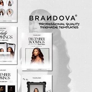 K&ouml;nnte beinhalten: Vier digitale Marketingvorlagen f&uuml;r die Terminbuchung. Jede Vorlage zeigt einen anderen Monat: Juli, November, Dezember. Die Vorlagen sind wei&szlig; mit schwarzem Text und einem Schwarzwei&szlig;foto einer Frau mit langen, lockigen Haaren. Der Text auf den Vorlagen lautet "YOURLOGO" und "BOOKINGS ARE NOW OPEN. BOOK TODAY."