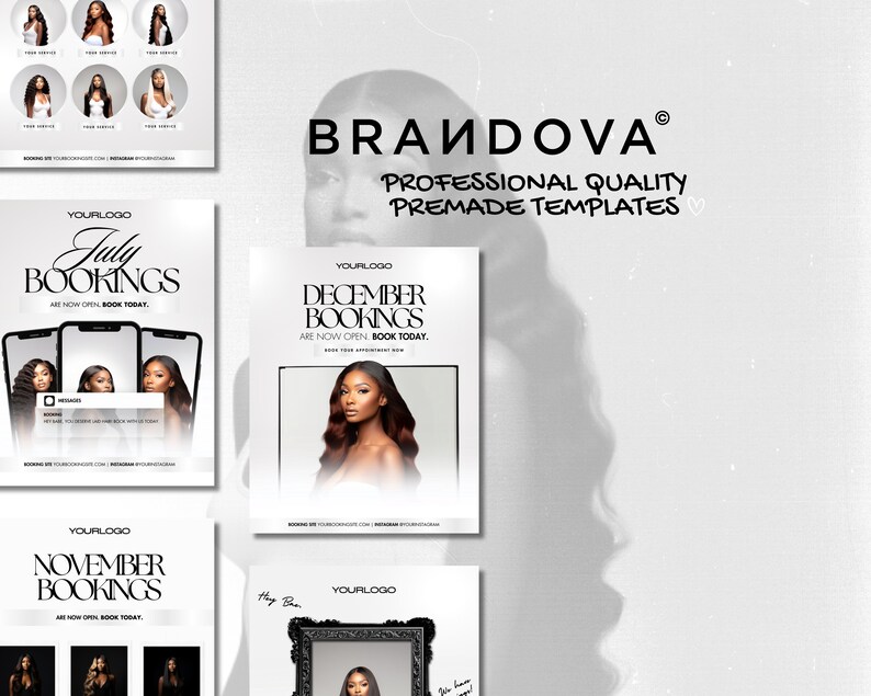 K&ouml;nnte beinhalten: Vier digitale Marketingvorlagen f&uuml;r die Terminbuchung. Jede Vorlage zeigt einen anderen Monat: Juli, November, Dezember. Die Vorlagen sind wei&szlig; mit schwarzem Text und einem Schwarzwei&szlig;foto einer Frau mit langen, lockigen Haaren. Der Text auf den Vorlagen lautet "YOURLOGO" und "BOOKINGS ARE NOW OPEN. BOOK TODAY."