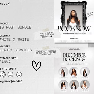 K&ouml;nnte beinhalten: Eine wei&szlig;e und schwarze Grafikdesign-Vorlage f&uuml;r Social-Media-Posts zur Bewerbung von Sch&ouml;nheitsdienstleistungen. Die Vorlage enth&auml;lt den Text "BOOKNOW" und "DECEMBER BOOKINGS".