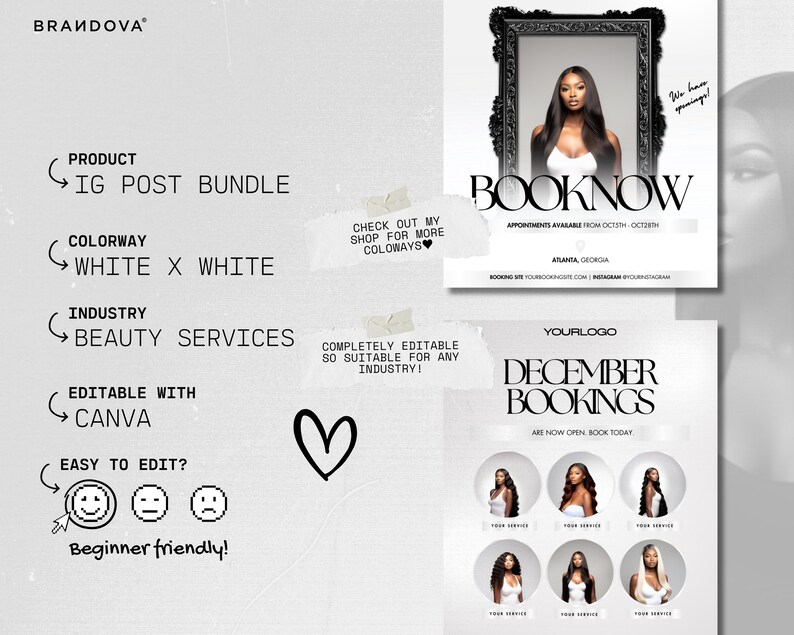K&ouml;nnte beinhalten: Eine wei&szlig;e und schwarze Grafikdesign-Vorlage f&uuml;r Social-Media-Posts zur Bewerbung von Sch&ouml;nheitsdienstleistungen. Die Vorlage enth&auml;lt den Text "BOOKNOW" und "DECEMBER BOOKINGS".