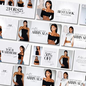 Op de afbeelding: Een collage van afbeeldingen die kledingverkoop promoten. De afbeeldingen tonen een model dat verschillende outfits draagt, waaronder off-shoulder tops, jurken en jeans. De tekst op de afbeeldingen omvat "2 voor € 25", "Ontgrendel je beste look", "Shop onze nieuwe aankomsten", "Verhoog je garderobe" en "Seizoensuitverkoop 50% korting".