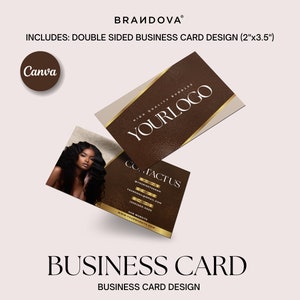 May include: A double-sided business card design template featuring a brown background with gold accents. The front side displays the text "YOURLOGO" in a white font with a gold outline. The back side includes the text "CO. FACTUS" and contact information. The template is designed for use with Canva.