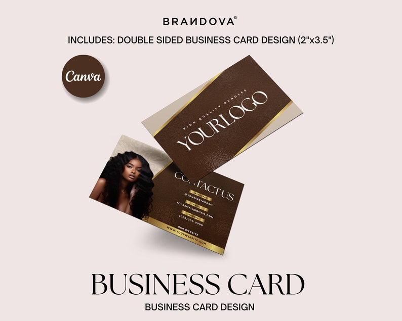 May include: A double-sided business card design template featuring a brown background with gold accents. The front side displays the text "YOURLOGO" in a white font with a gold outline. The back side includes the text "CO. FACTUS" and contact information. The template is designed for use with Canva.