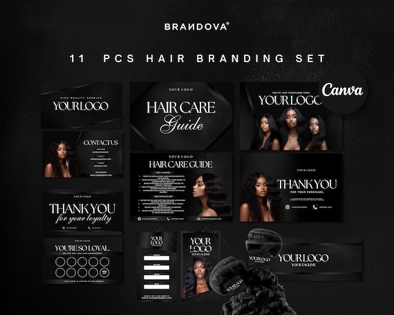 Hair Branding Kit | Hang Tags Thank You Card Kit | Canva Templates | Luxury Sleek  Printable Hair Extensions Bundle Kit | Hair Wig Boutique