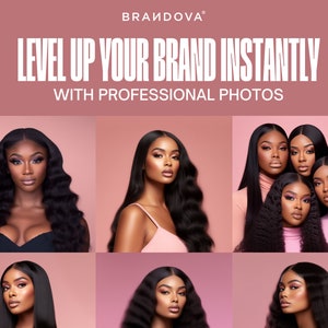 May include: A collage of six images featuring women with different hairstyles, including long, straight hair, wavy hair, and curly hair. The women are all wearing makeup and looking at the camera. The background is a light pink color. The text "LEVEL UP YOUR BRAND INSTANTLY WITH PROFESSIONAL PHOTOS" is displayed at the top of the image.