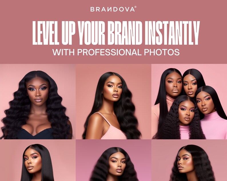 May include: A collage of six images featuring women with different hairstyles, including long, straight hair, wavy hair, and curly hair. The women are all wearing makeup and looking at the camera. The background is a light pink color. The text "LEVEL UP YOUR BRAND INSTANTLY WITH PROFESSIONAL PHOTOS" is displayed at the top of the image.