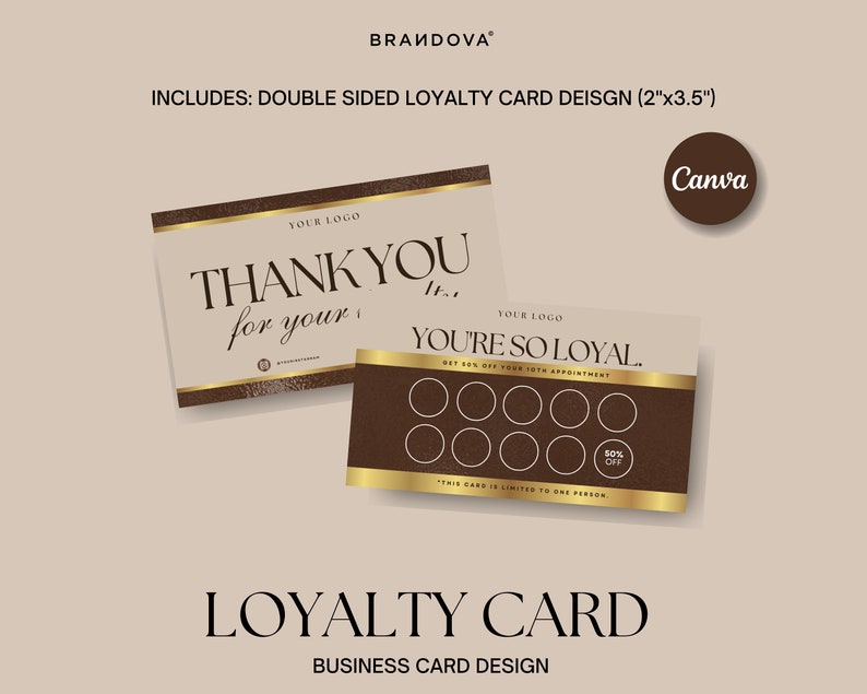 May include: A double-sided loyalty card design template with a gold and brown color scheme. The front side says "Thank You for your..." and the back side says "You're so loyal..." with a 10-space punch card and "Get 50% off your 10th appointment". The text "This card is limited to one person" is at the bottom.