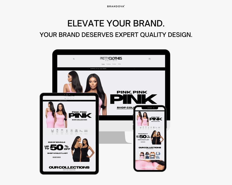 Puede incluir: Una maqueta de un sitio web para una marca de ropa llamada "Pretty Clothes" que se muestra en una computadora de escritorio, una tableta y un tel&eacute;fono inteligente. El sitio web presenta un esquema de color rosa y negro con el texto "Pink, Pink, Pink" y "Shop Collection". El sitio web tambi&eacute;n presenta una pancarta de venta con el texto "End of Season Sale Up to 50% Off Shop While It Lasts" y "Our Collections".