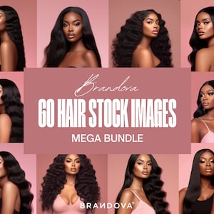 May include: A collage of images featuring models with long, flowing black hair. The images are arranged in a grid pattern and are set against a pink background. The text "Brandova 60 Hair Stock Images Mega Bundle" is displayed in the center of the collage.