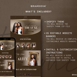 Puede incluir: Una maqueta de sitio web para un negocio de extensiones de cabello llamado "Brandova". El sitio web presenta un fondo marr&oacute;n con acentos dorados. El texto "&iquest;Est&aacute;s listo para la experiencia Luxe?" se muestra en una fuente dorada. El sitio web tambi&eacute;n incluye una secci&oacute;n para "Nuestras texturas" y una secci&oacute;n para "Calidad".