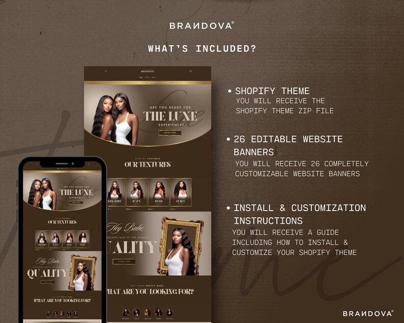 Puede incluir: Una maqueta de sitio web para un negocio de extensiones de cabello llamado "Brandova". El sitio web presenta un fondo marr&oacute;n con acentos dorados. El texto "&iquest;Est&aacute;s listo para la experiencia Luxe?" se muestra en una fuente dorada. El sitio web tambi&eacute;n incluye una secci&oacute;n para "Nuestras texturas" y una secci&oacute;n para "Calidad".