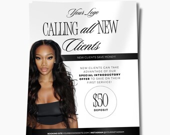 New Client Booking Flyer | Hair Stylist Calling All New Clients | Lash Tech | Nail Tech | Editable Canva Template