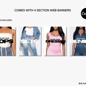 Puede incluir: Cuatro banners web con mujeres modelando diferentes estilos de ropa. Los banners incluyen el texto "Shop Our Tops", "Shop Our Sets", "Shop Our Dresses" y "Shop Our Denim".