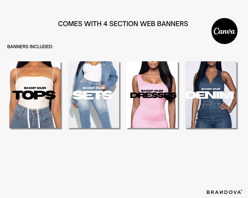 Puede incluir: Cuatro banners web con mujeres modelando diferentes estilos de ropa. Los banners incluyen el texto "Shop Our Tops", "Shop Our Sets", "Shop Our Dresses" y "Shop Our Denim".