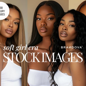 May include: Three women with different hairstyles and skin tones are wearing white tops. The text "soft girl era STOCK IMAGES" is in the center of the image. The text "BRANDOVA" is in the bottom right corner of the image.