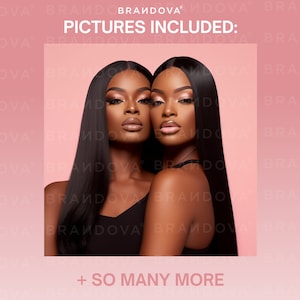 May include: Two women with long, straight black hair are shown in a close-up portrait. They are wearing black tops and have similar makeup, including pink eyeshadow and nude lipstick. The background is a solid pink color. The text "PICTURES INCLUDED: + SO MANY MORE" is at the bottom of the image.