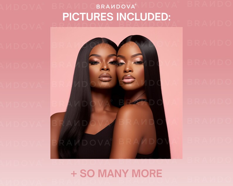 May include: Two women with long, straight black hair are shown in a close-up portrait. They are wearing black tops and have similar makeup, including pink eyeshadow and nude lipstick. The background is a solid pink color. The text "PICTURES INCLUDED: + SO MANY MORE" is at the bottom of the image.