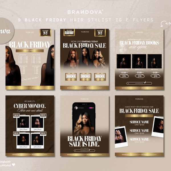 Hair Bookings Templates Pack, Hairstylist Boutique Black Friday Sales Flyers, IG Posts, Instagram, Lash Nails Flyer, Business