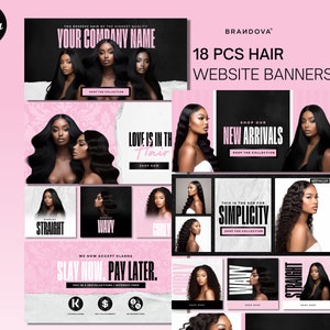 DIY Pink Hair Website Banner Kit | Shopify Hair Extensions | Wig Boutique Store Design| Website Design Templates Set | Canva | Retail Store