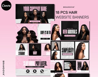 DIY Pink Hair Website Banner Kit | Shopify Hair Extensions | Wig Boutique Store Design| Website Design Templates Set | Canva | Retail Store