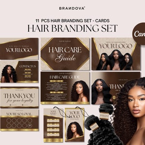 May include: A set of 11 hair branding cards with a brown and gold color scheme. The cards feature a variety of designs, including a hair care guide, a thank you card, and a loyalty card. The cards are designed to help hair businesses promote their products and services.