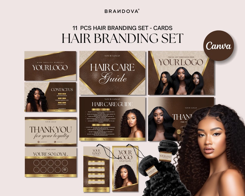 May include: A set of 11 hair branding cards with a brown and gold color scheme. The cards feature a variety of designs, including a hair care guide, a thank you card, and a loyalty card. The cards are designed to help hair businesses promote their products and services.