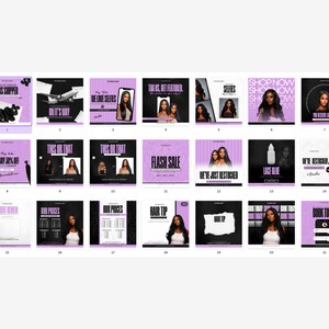 May include: A collection of social media graphics for a hair extensions business. The graphics feature images of hair extensions, text overlays, and a purple and black color scheme. Some of the text includes "Shop Now", "Flash Sale", "This or That", and "Hair Tip".