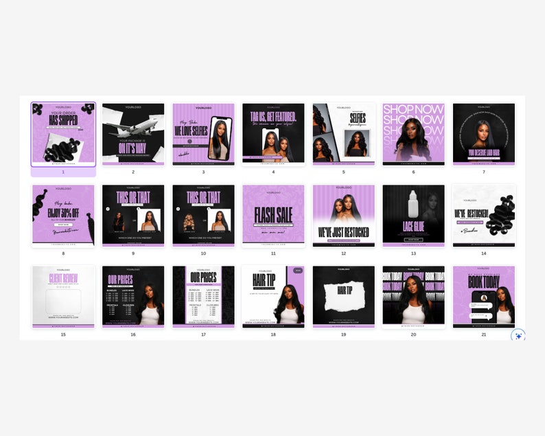 May include: A collection of social media graphics for a hair extensions business. The graphics feature images of hair extensions, text overlays, and a purple and black color scheme. Some of the text includes "Shop Now", "Flash Sale", "This or That", and "Hair Tip".