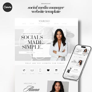 May include: A website template for social media managers, featuring a woman in a white blazer and the text "Socials Made Simple." The website includes a call to action to book a free call and a section with icons for "Meet Me", "My Story", "Services", "E-book", "Book Now", and "Our Reviews".