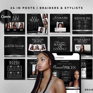 24 Braids Templates | Braiding Hair Business Branding | Canva Editable | Luxury Hairstylist Instagram Posts
