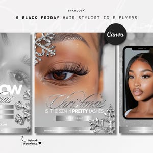 Puede incluir: Una plantilla de publicación de Instagram plateada y blanca para un estilista que promociona una venta de Black Friday. El texto dice "Navidad es la temporada para pestañas bonitas. Reserva hoy."