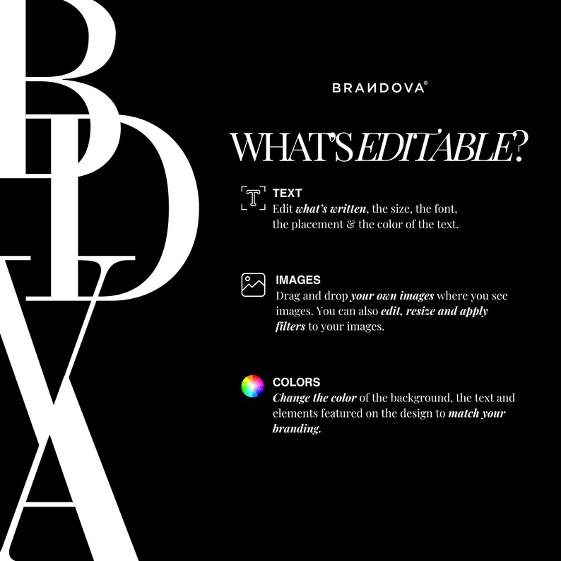 May include: A black and white graphic design with the text "WHAT'S EDITABLE?" and three icons representing text, images, and colors. The text below each icon describes how to edit the text, images, and colors in the design.